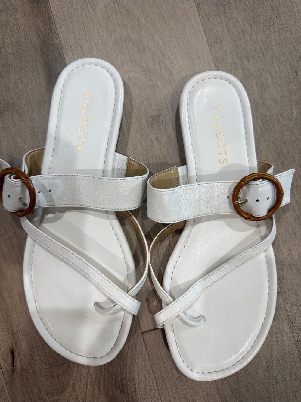 Talbots White Leather Slide Sandals with Tortoise Buckle